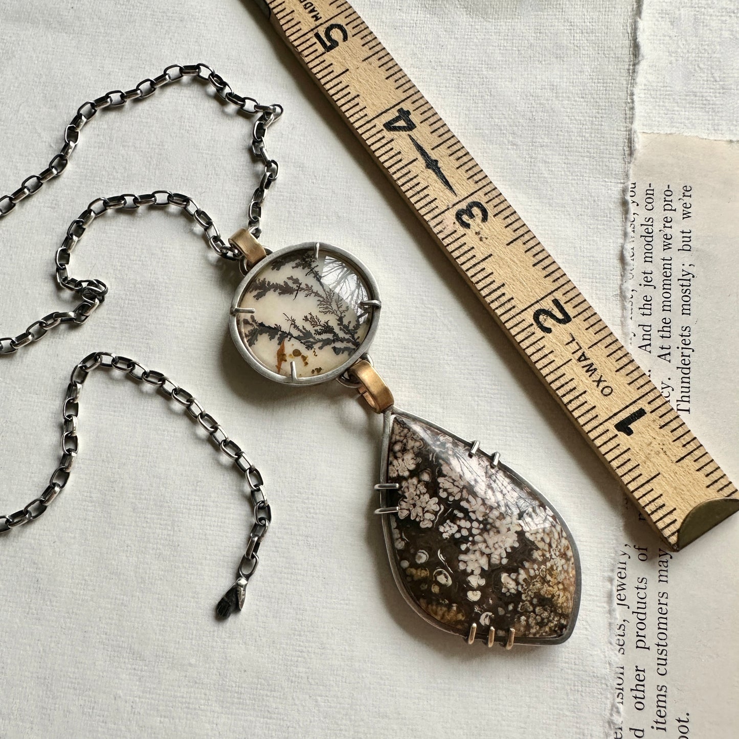 Dendritic Agate & Plume Agate Statement Necklace - Sterling & Vintage Brass