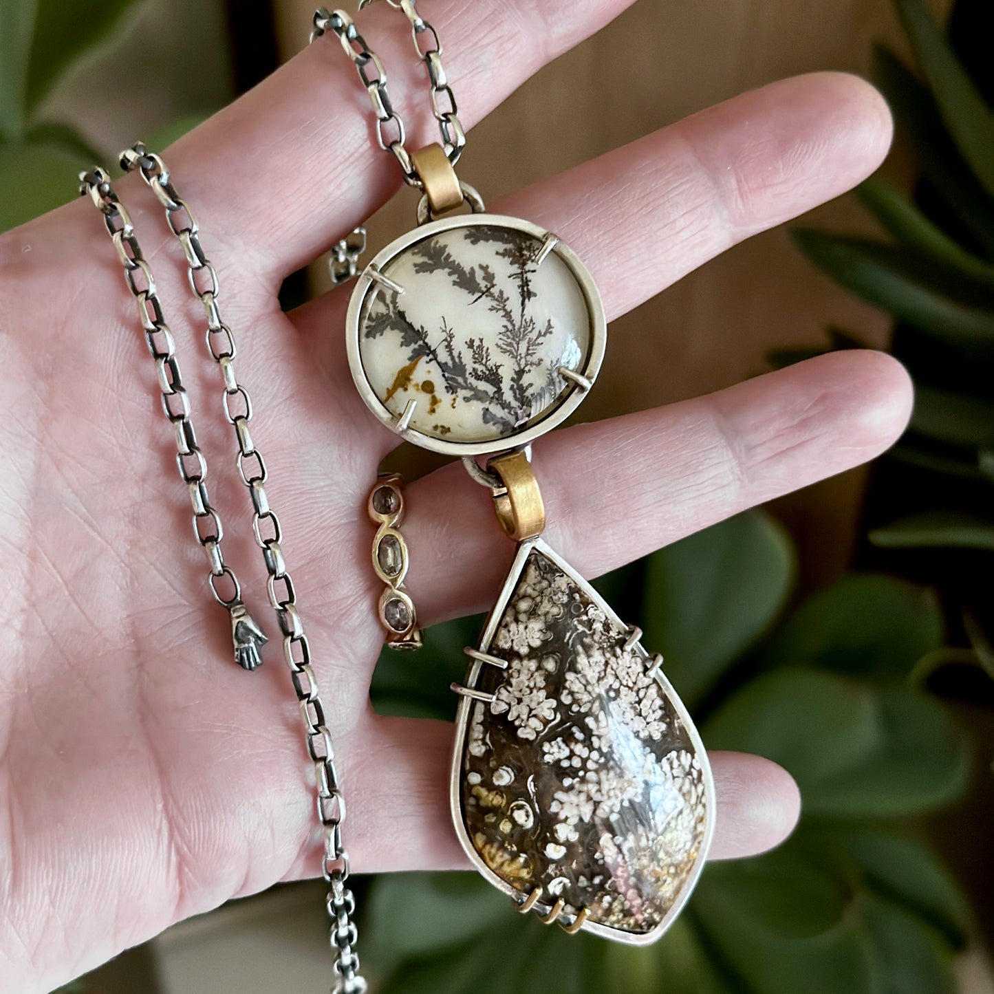 Dendritic Agate & Plume Agate Statement Necklace - Sterling & Vintage Brass
