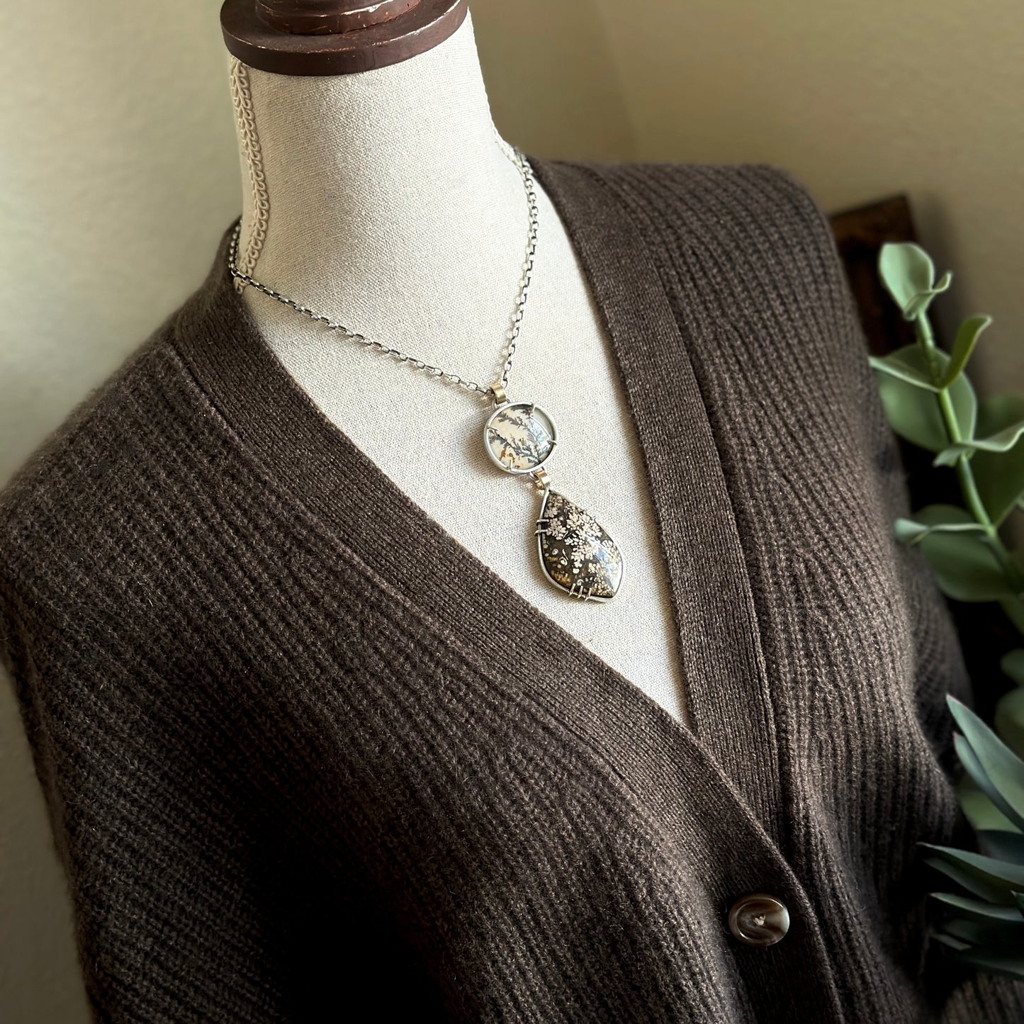 Dendritic Agate & Plume Agate Statement Necklace - Sterling & Vintage Brass