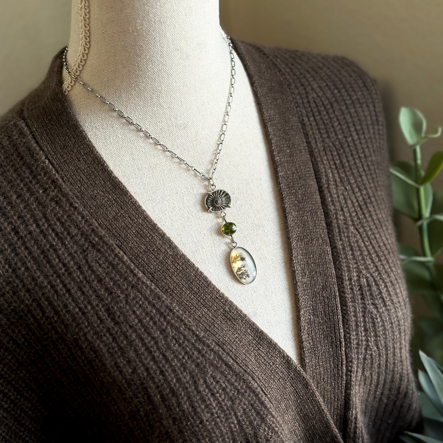 Dendritic Agate, Ammonite & Peridot Necklace - Sterling Silver