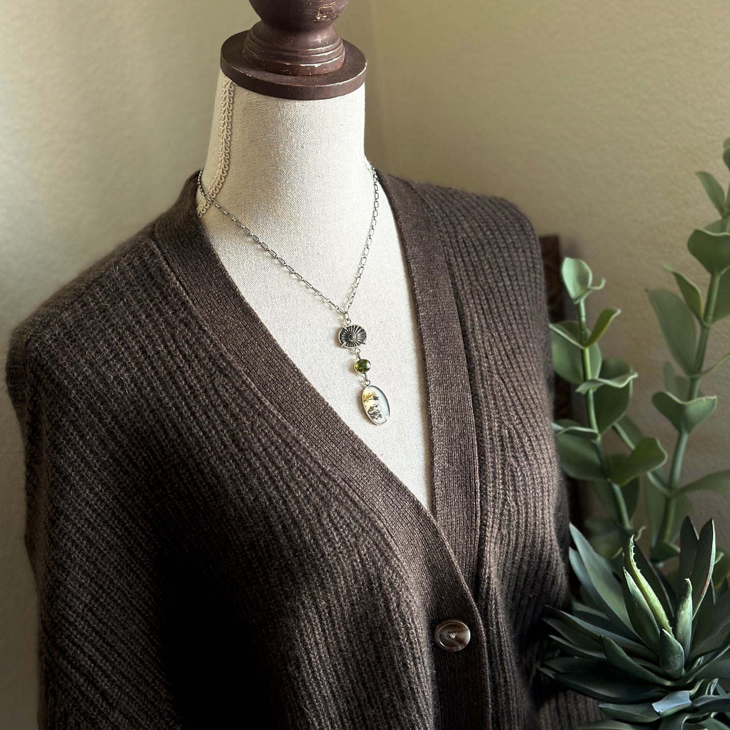 Dendritic Agate, Ammonite & Peridot Necklace - Sterling Silver