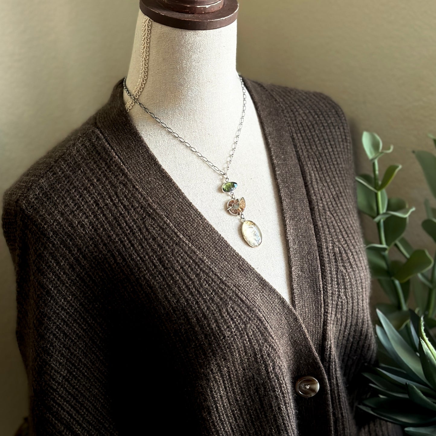 Dendritic Agate, Ammonite & Tourmaline Necklace - Sterling Silver