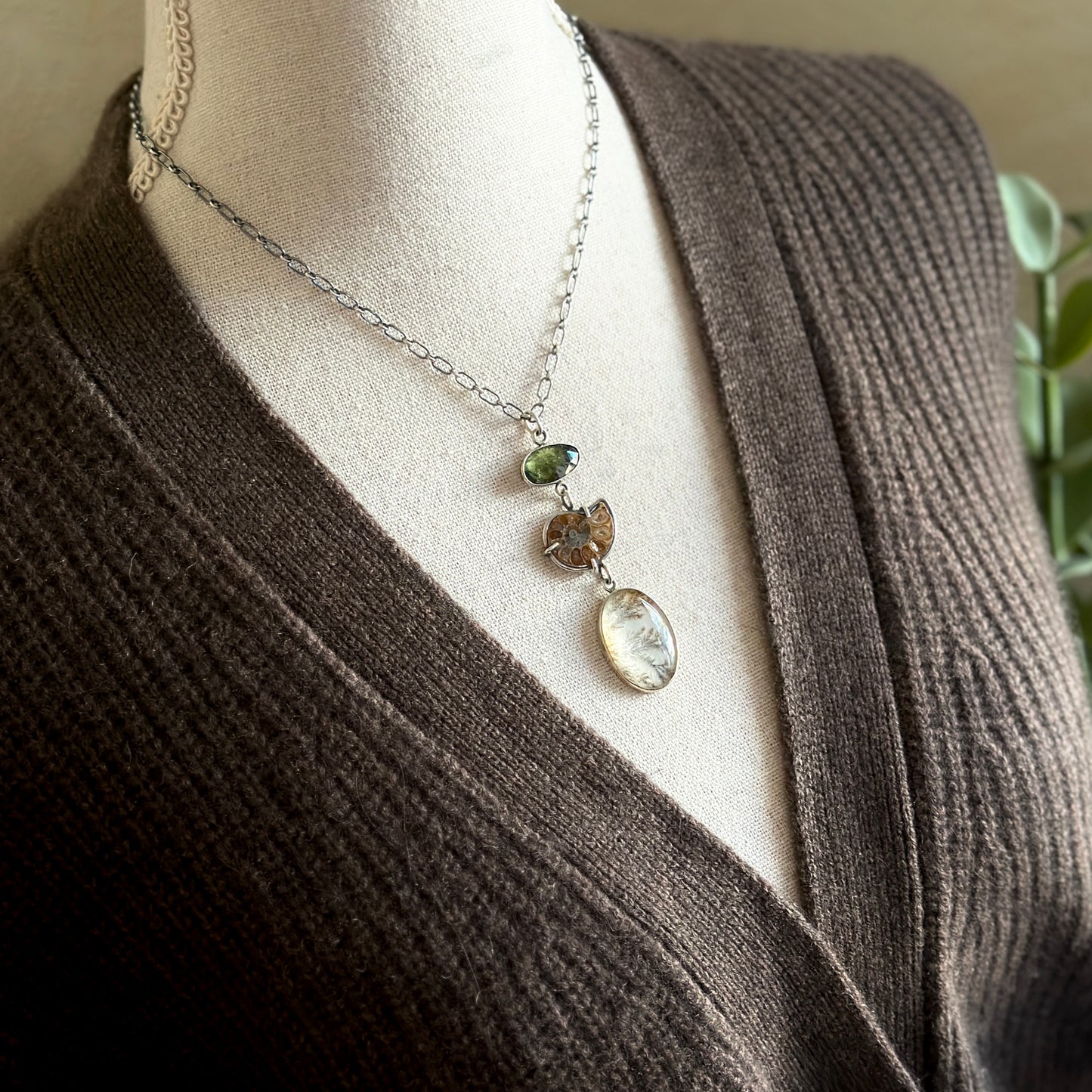 Dendritic Agate, Ammonite & Tourmaline Necklace - Sterling Silver