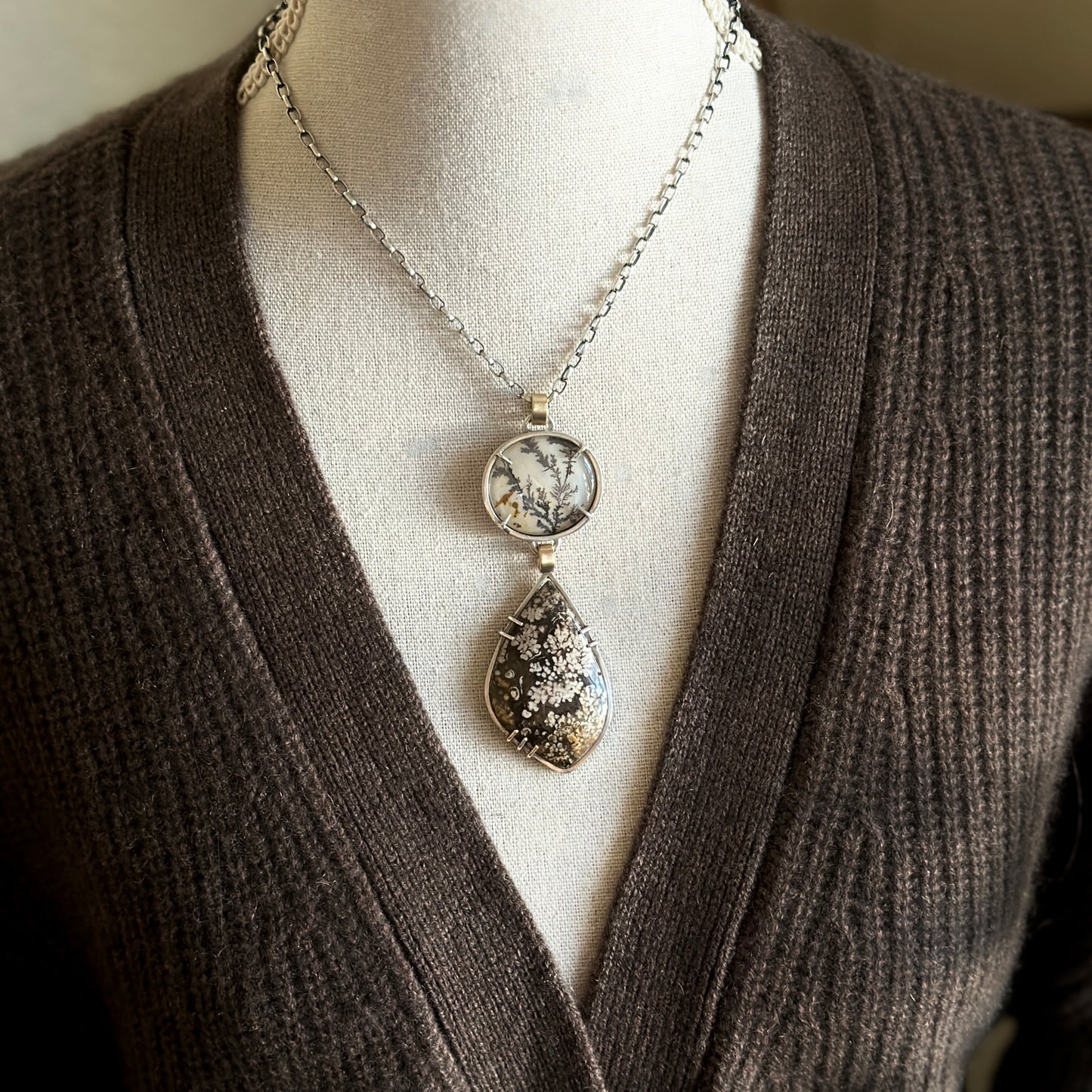 Dendritic Agate & Plume Agate Statement Necklace - Sterling & Vintage Brass