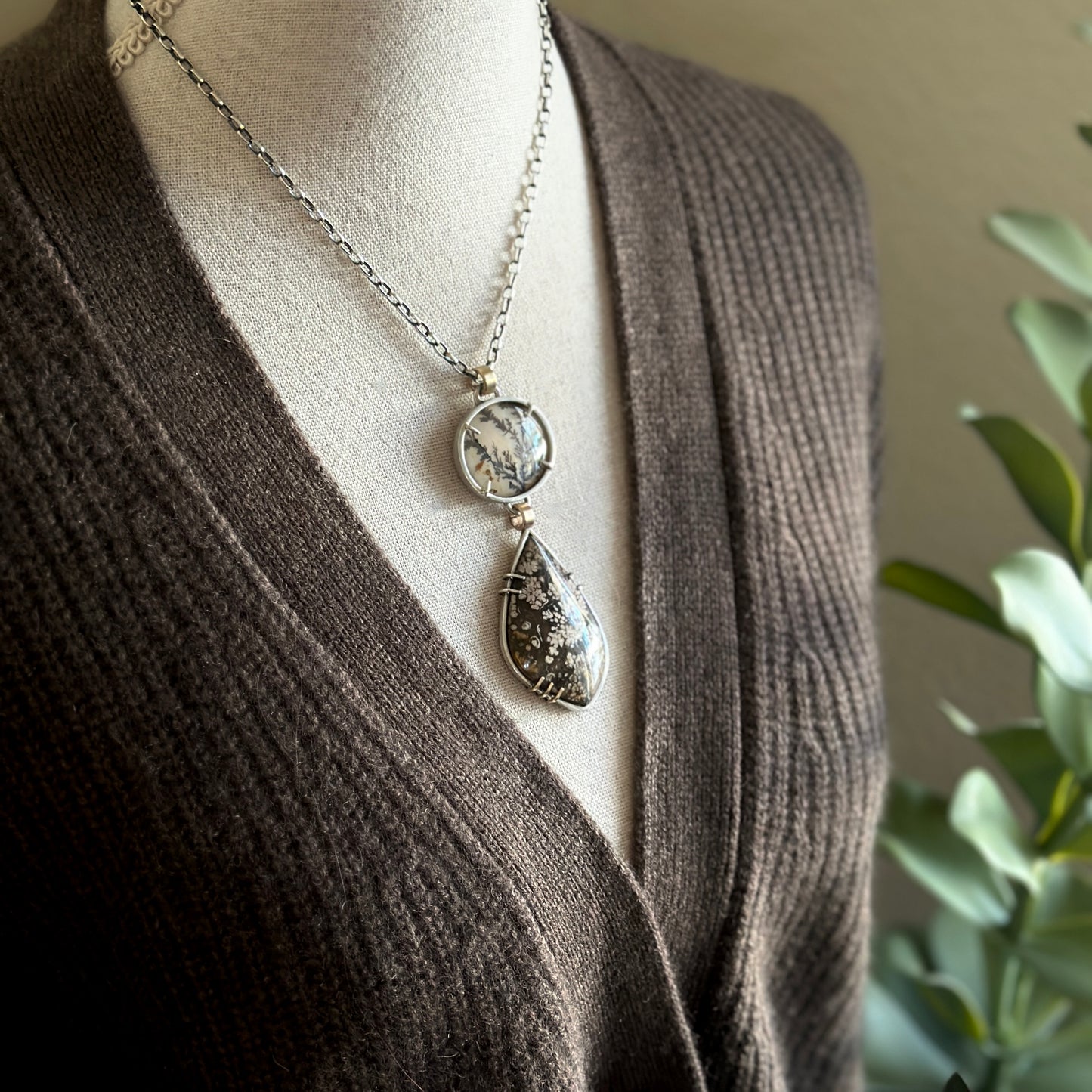 Dendritic Agate & Plume Agate Statement Necklace - Sterling & Vintage Brass