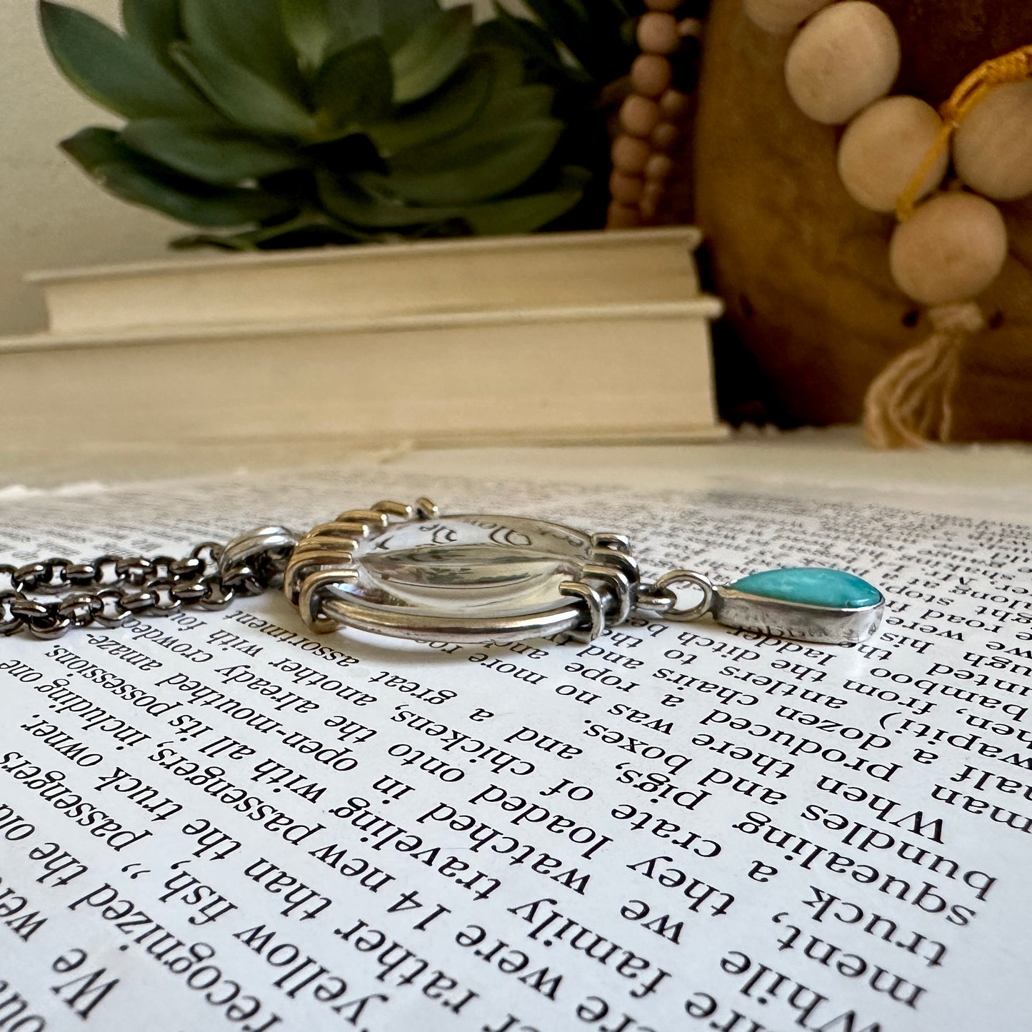 5x Magnifying Glass Monocle Necklace - Sterling w/ Brass & Turquoise - Mini 1" Lens