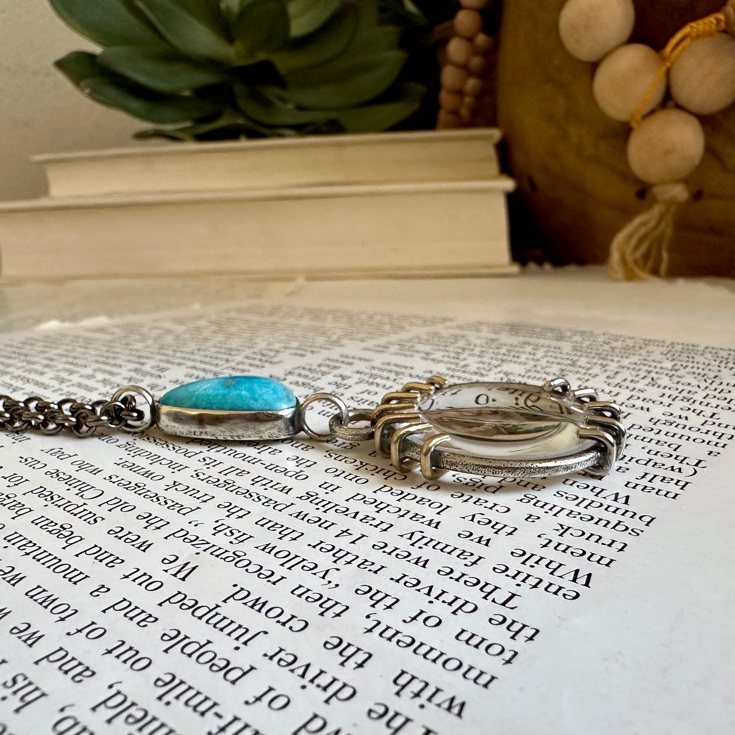 5x Magnifying Glass Monocle Necklace - Sterling w/ Brass & Turquoise - Mini 1" Lens