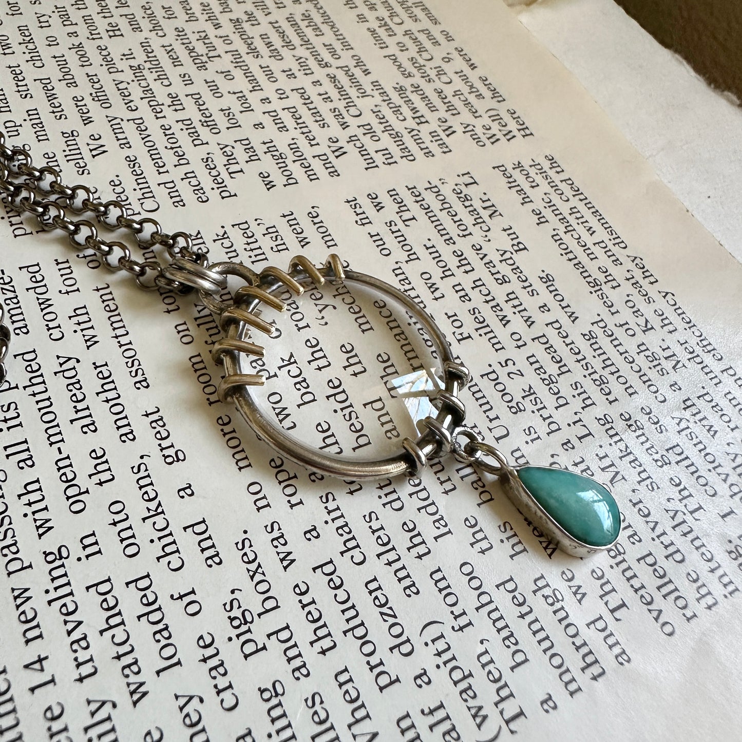5x Magnifying Glass Monocle Necklace - Sterling w/ Brass & Turquoise - Mini 1" Lens
