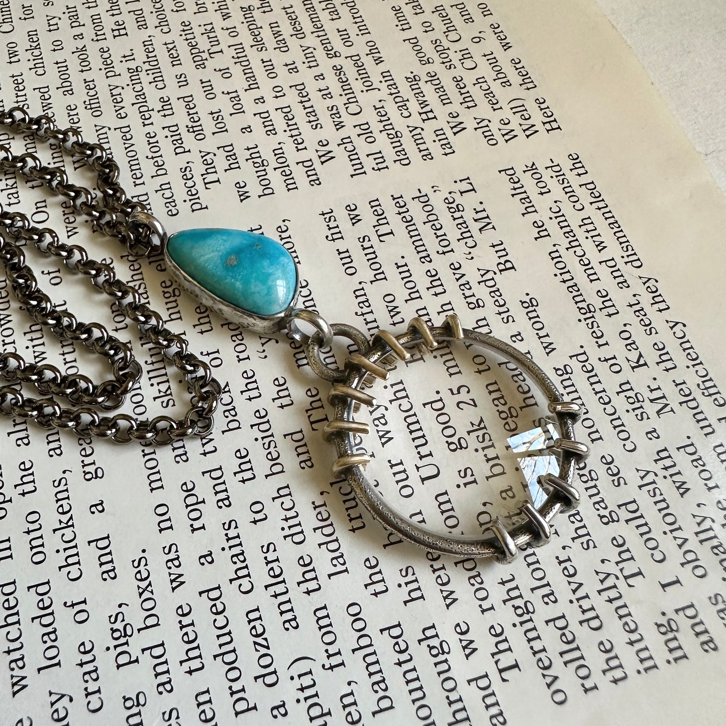 5x Magnifying Glass Monocle Necklace - Sterling w/ Brass & Turquoise - Mini 1" Lens