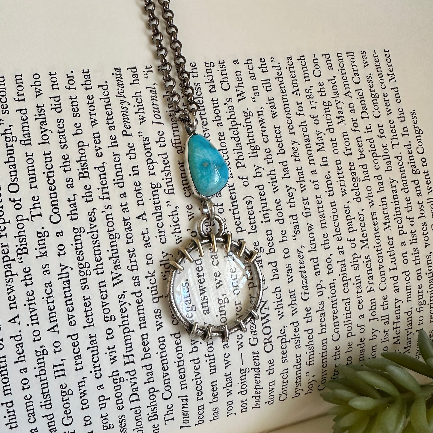 5x Magnifying Glass Monocle Necklace - Sterling w/ Brass & Turquoise - Mini 1" Lens