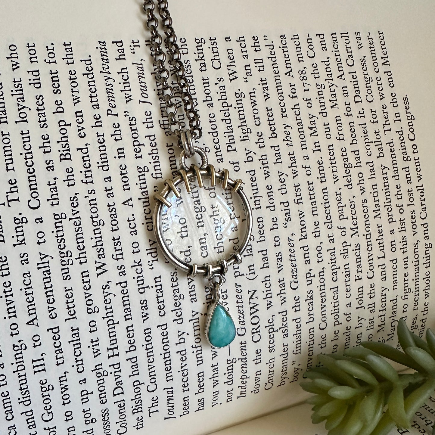 5x Magnifying Glass Monocle Necklace - Sterling w/ Brass & Turquoise - Mini 1" Lens