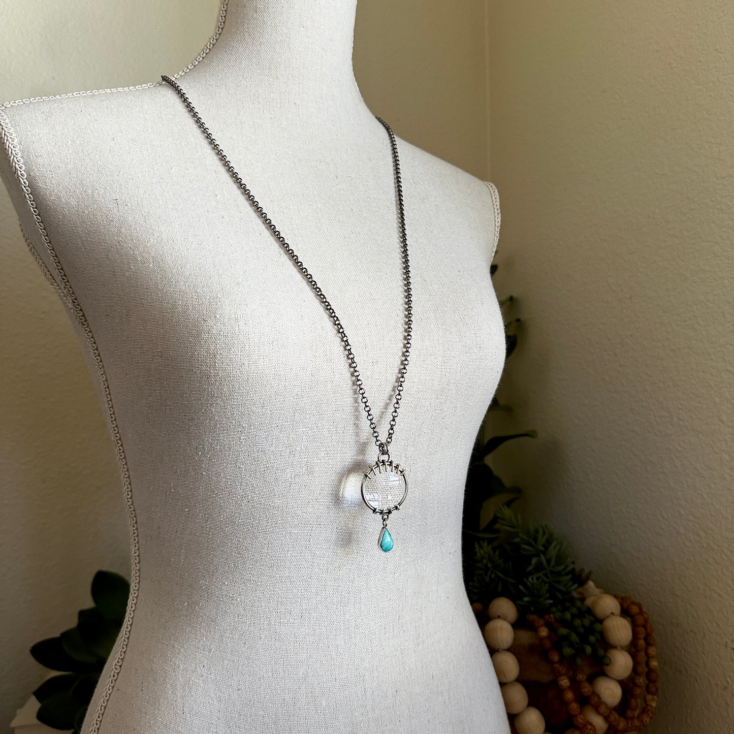 5x Magnifying Glass Monocle Necklace - Sterling w/ Brass & Turquoise - Mini 1" Lens