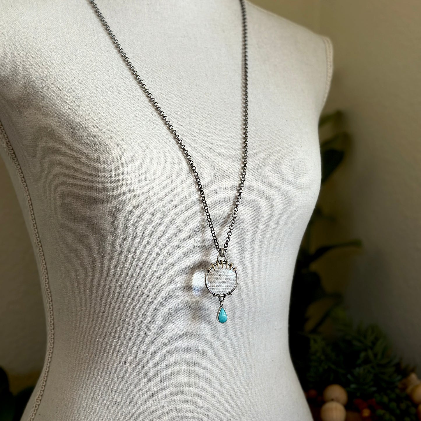 5x Magnifying Glass Monocle Necklace - Sterling w/ Brass & Turquoise - Mini 1" Lens