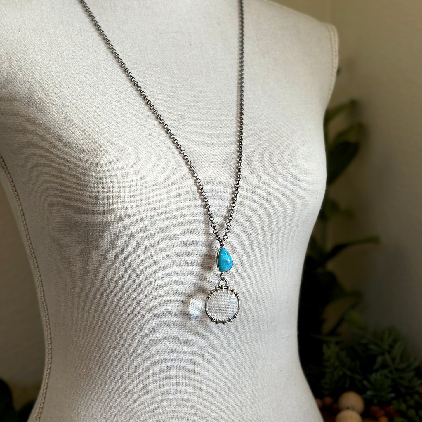 5x Magnifying Glass Monocle Necklace - Sterling w/ Brass & Turquoise - Mini 1" Lens
