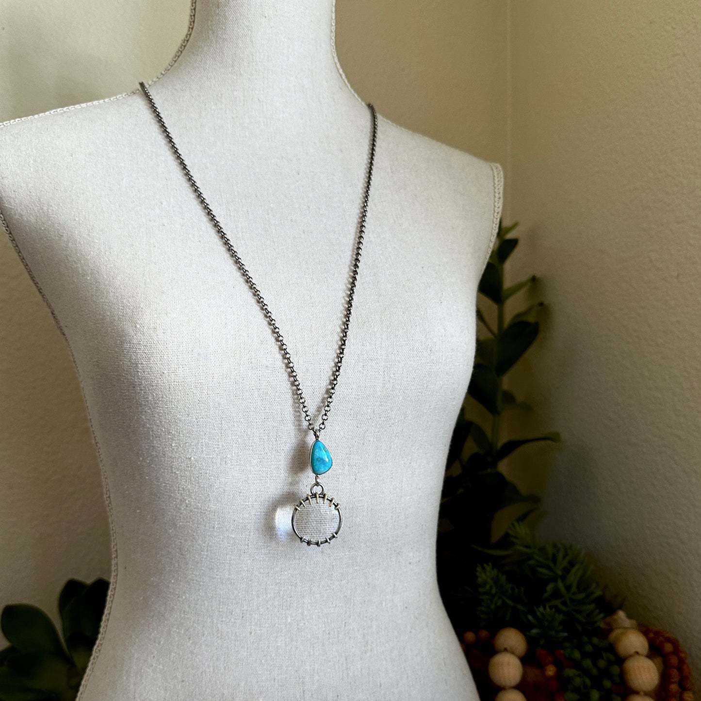 5x Magnifying Glass Monocle Necklace - Sterling w/ Brass & Turquoise - Mini 1" Lens