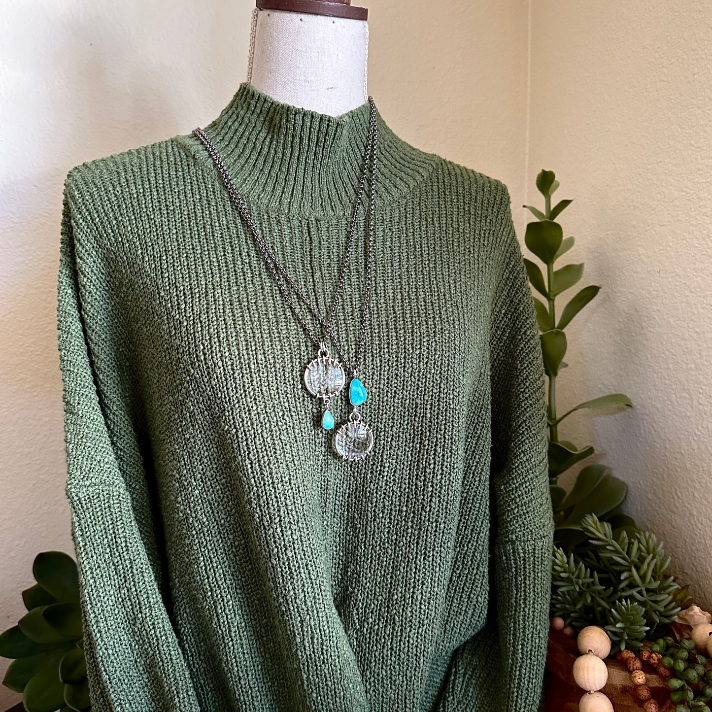 5x Magnifying Glass Monocle Necklace - Sterling w/ Brass & Turquoise - Mini 1" Lens