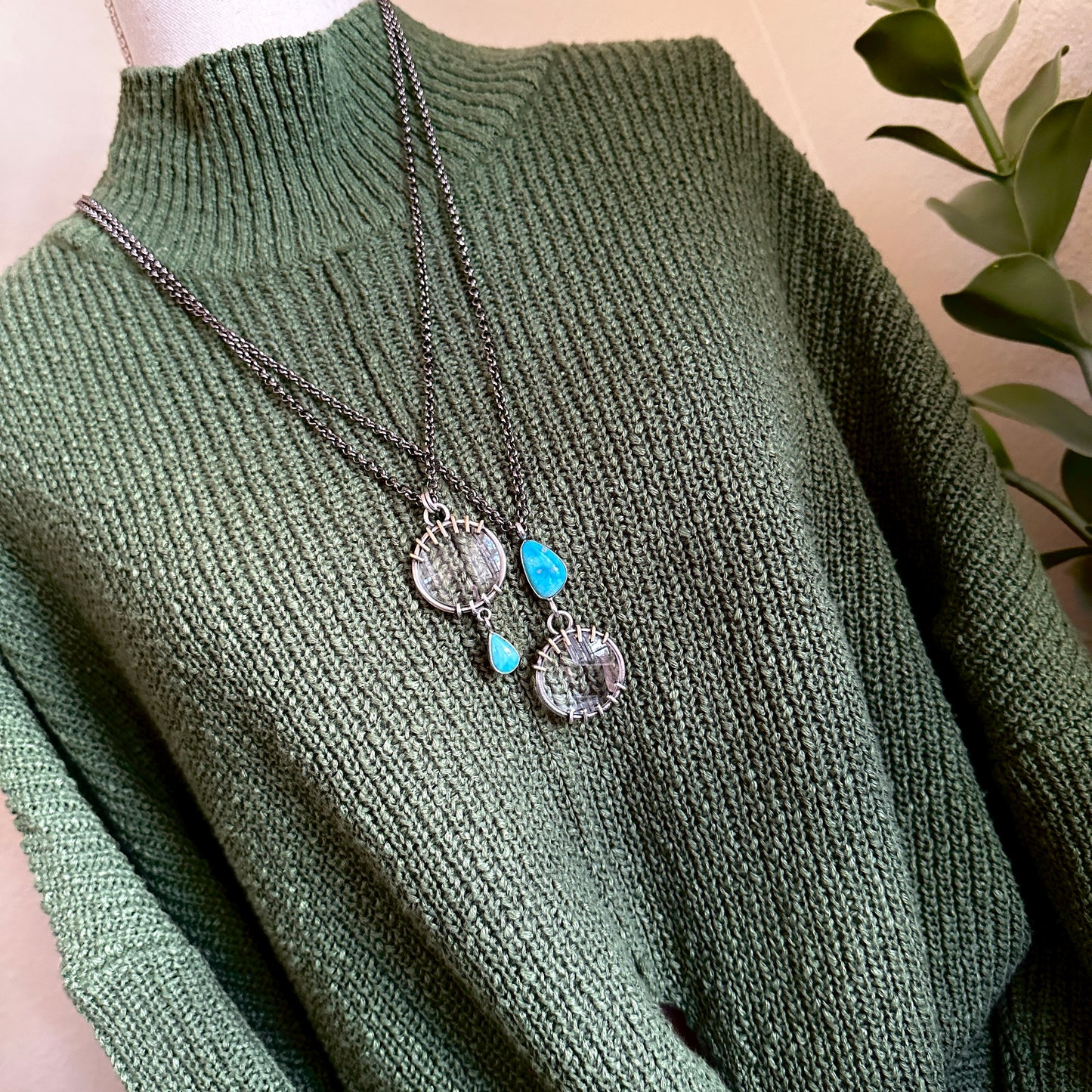 5x Magnifying Glass Monocle Necklace - Sterling w/ Brass & Turquoise - Mini 1" Lens