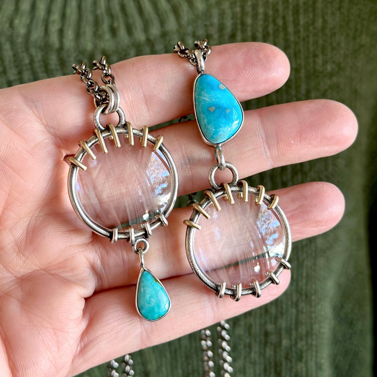 5x Magnifying Glass Monocle Necklace - Sterling w/ Brass & Turquoise - Mini 1" Lens