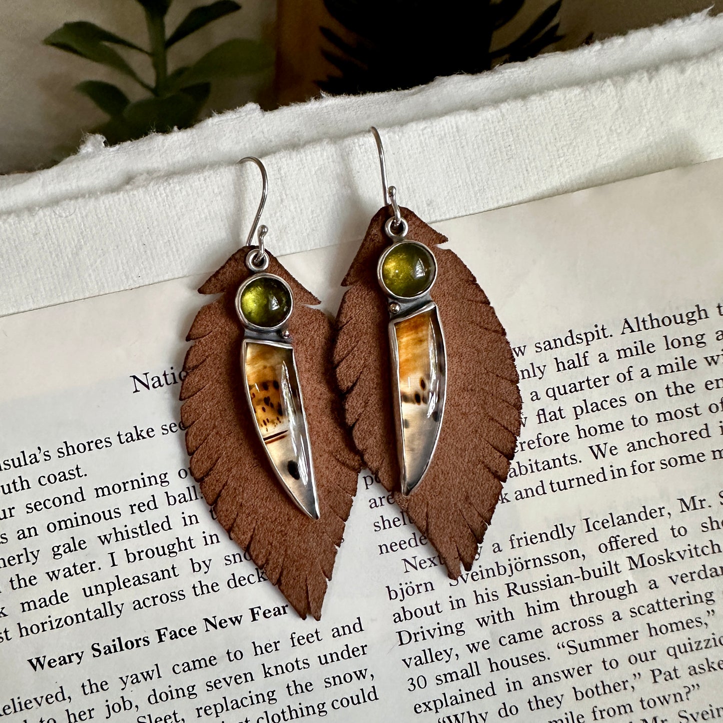 Narmada River Agate and Peridot Convertible Earrings - Sterling, 18K & Removable Leather Feathers