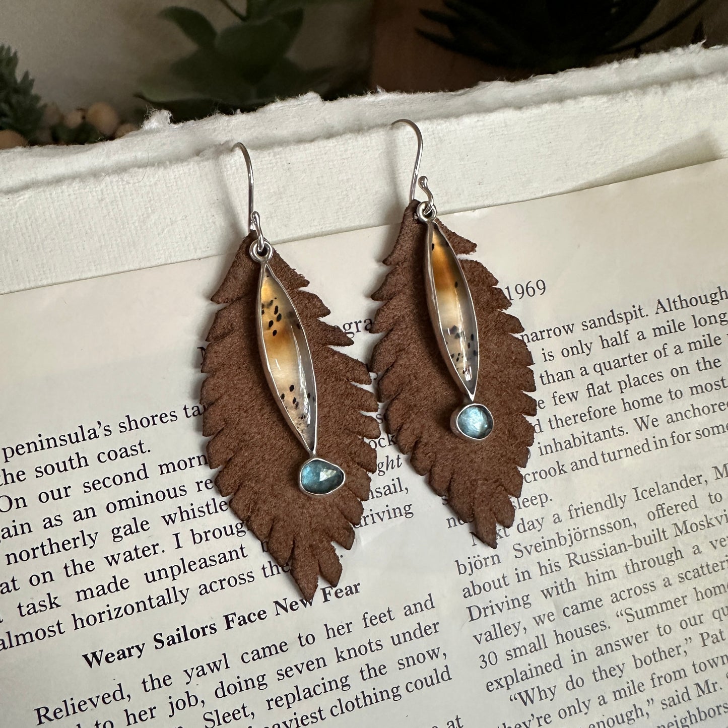 Convertible Narmada River Agate & London Blue Topaz Earrings - Sterling & Removable Leather Feathers