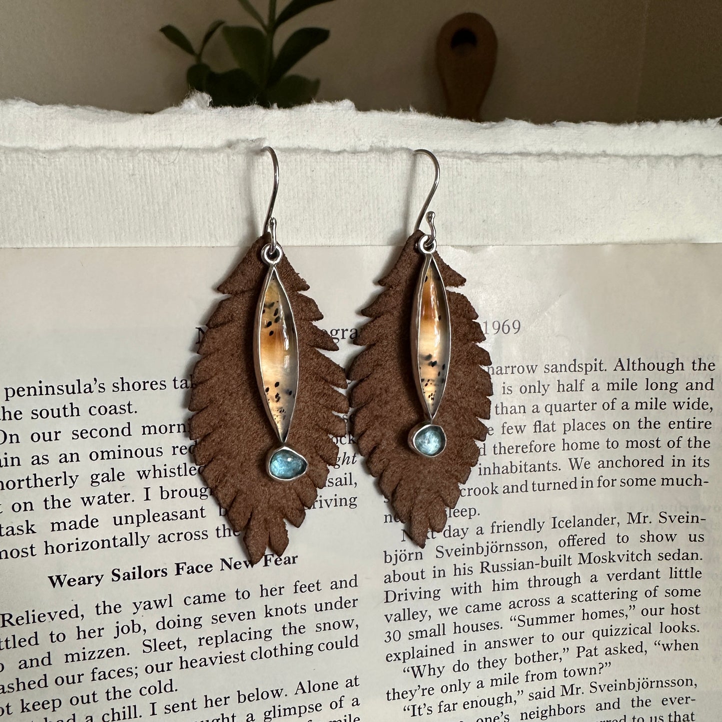 Convertible Narmada River Agate & London Blue Topaz Earrings - Sterling & Removable Leather Feathers