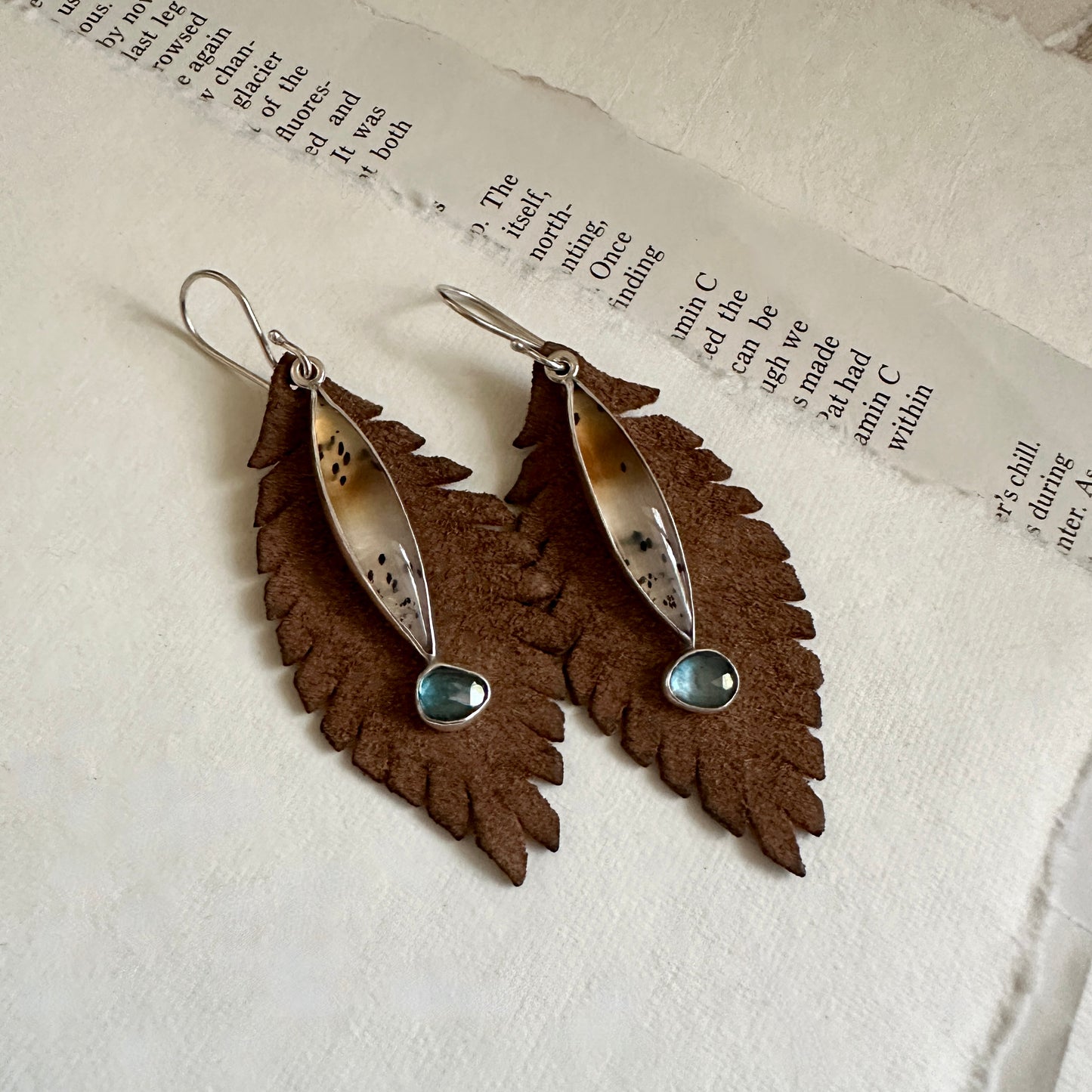 Convertible Narmada River Agate & London Blue Topaz Earrings - Sterling & Removable Leather Feathers