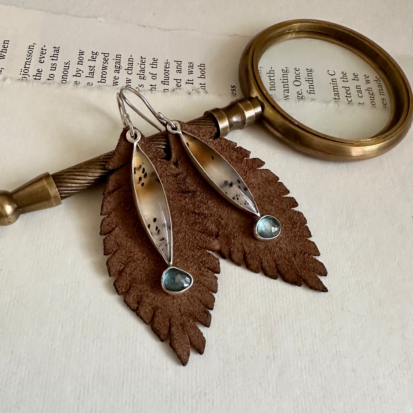 Convertible Narmada River Agate & London Blue Topaz Earrings - Sterling & Removable Leather Feathers