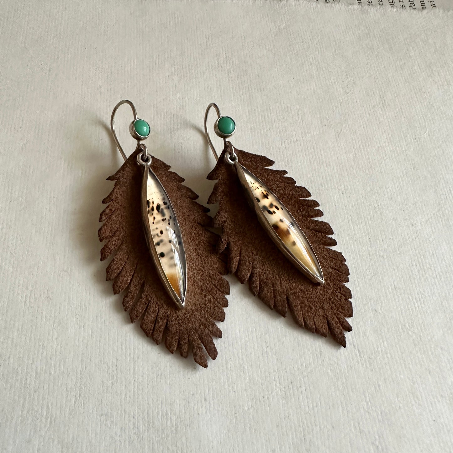 Narmada River Agate and Variscite Earrings - Sterling & Leather Feathers