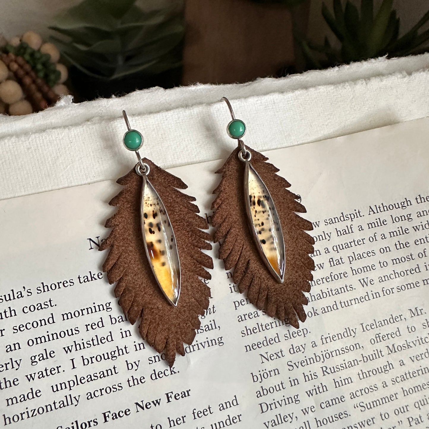 Narmada River Agate and Variscite Earrings - Sterling & Leather Feathers