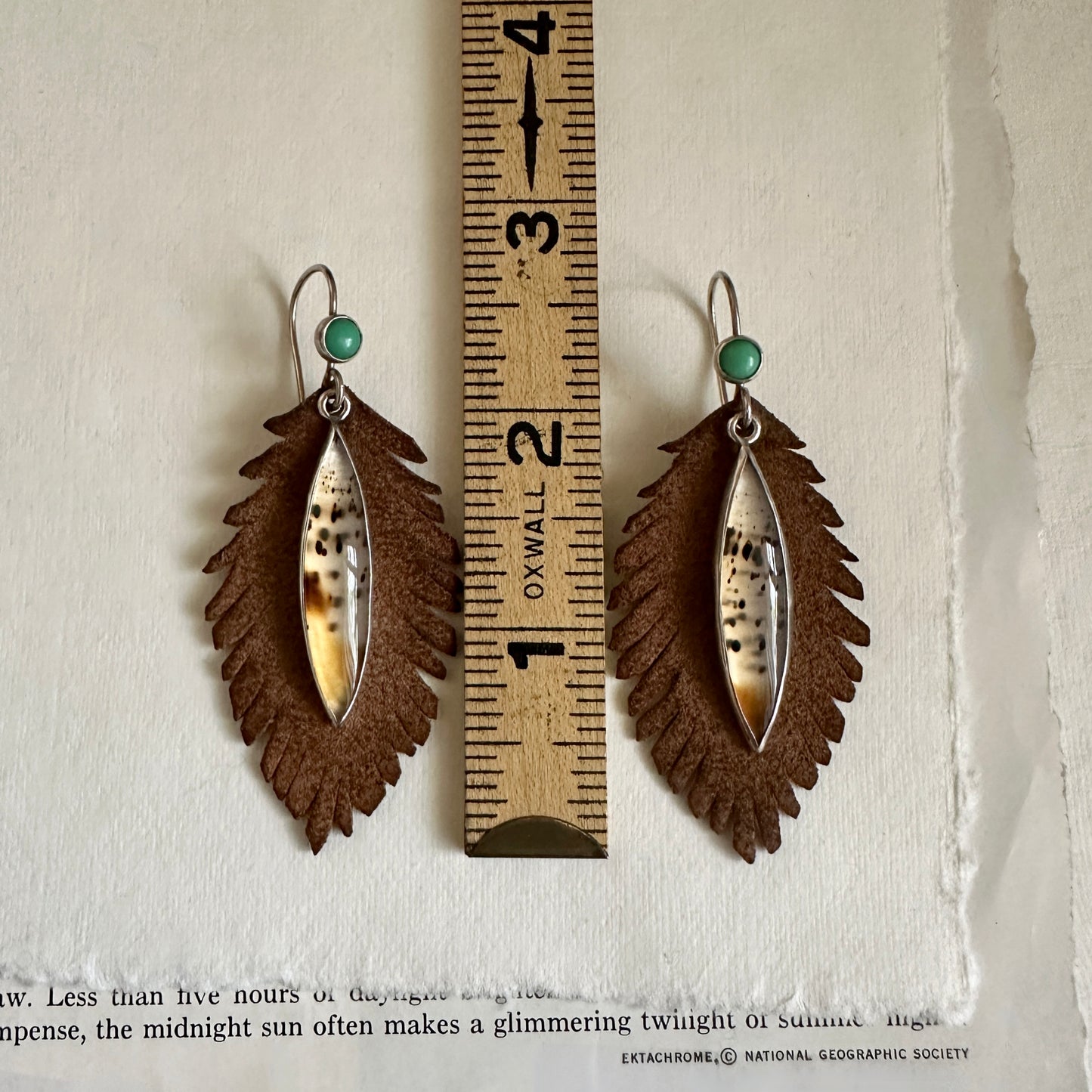 Narmada River Agate and Variscite Earrings - Sterling & Leather Feathers