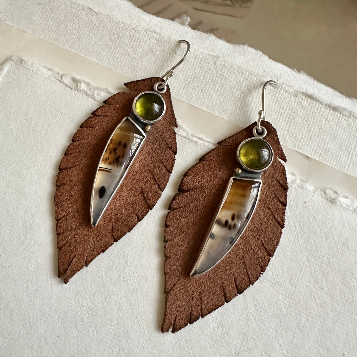 Narmada River Agate and Peridot Convertible Earrings - Sterling, 18K & Removable Leather Feathers