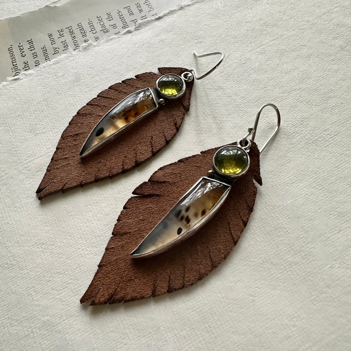 Narmada River Agate and Peridot Convertible Earrings - Sterling, 18K & Removable Leather Feathers