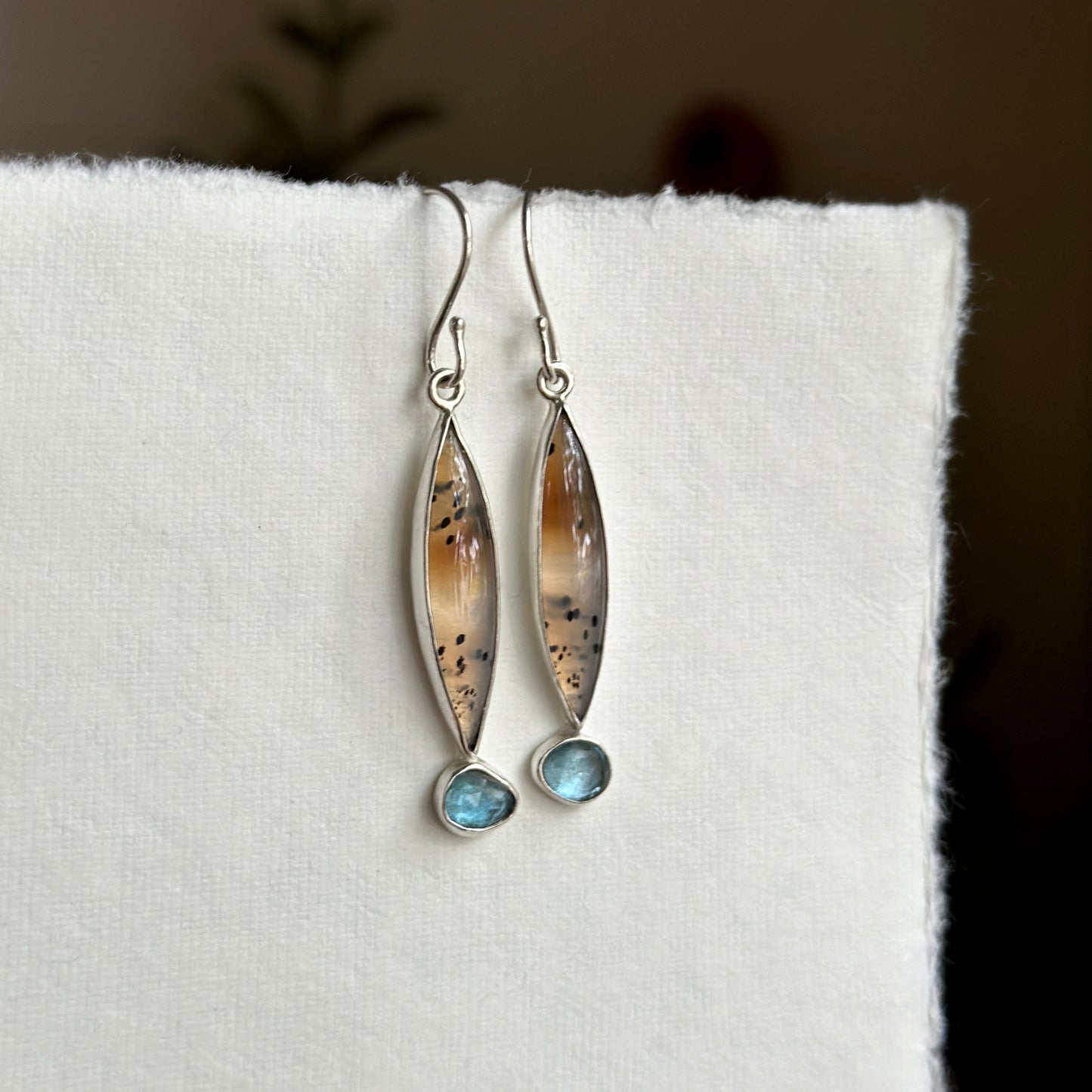 Convertible Narmada River Agate & London Blue Topaz Earrings - Sterling & Removable Leather Feathers