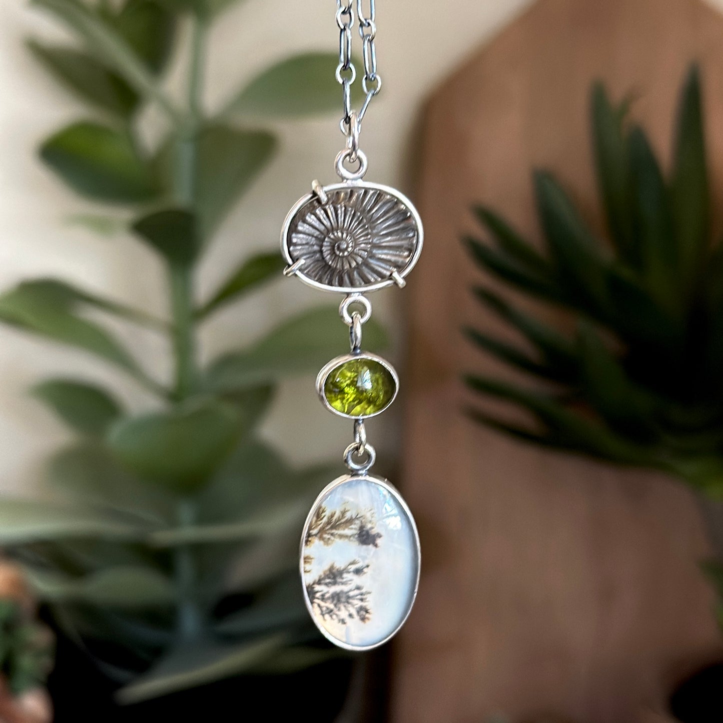Dendritic Agate, Ammonite & Peridot Necklace - Sterling Silver