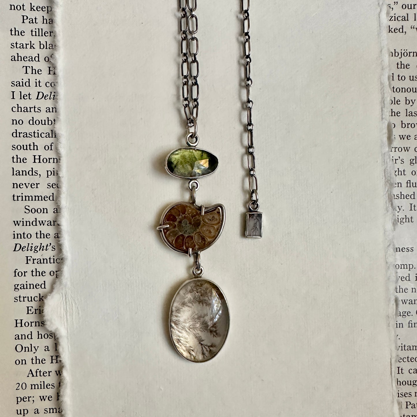 Dendritic Agate, Ammonite & Tourmaline Necklace - Sterling Silver