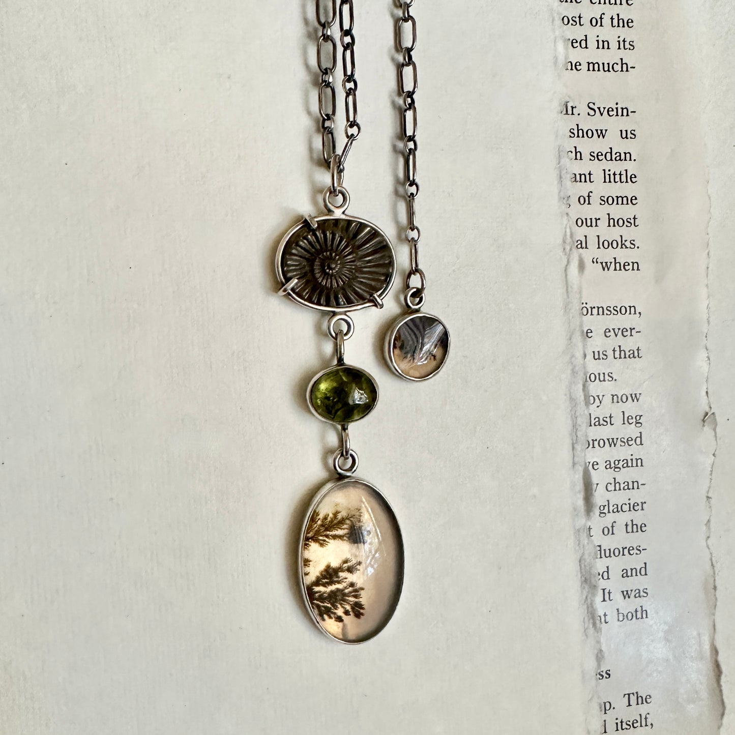 Dendritic Agate, Ammonite & Peridot Necklace - Sterling Silver