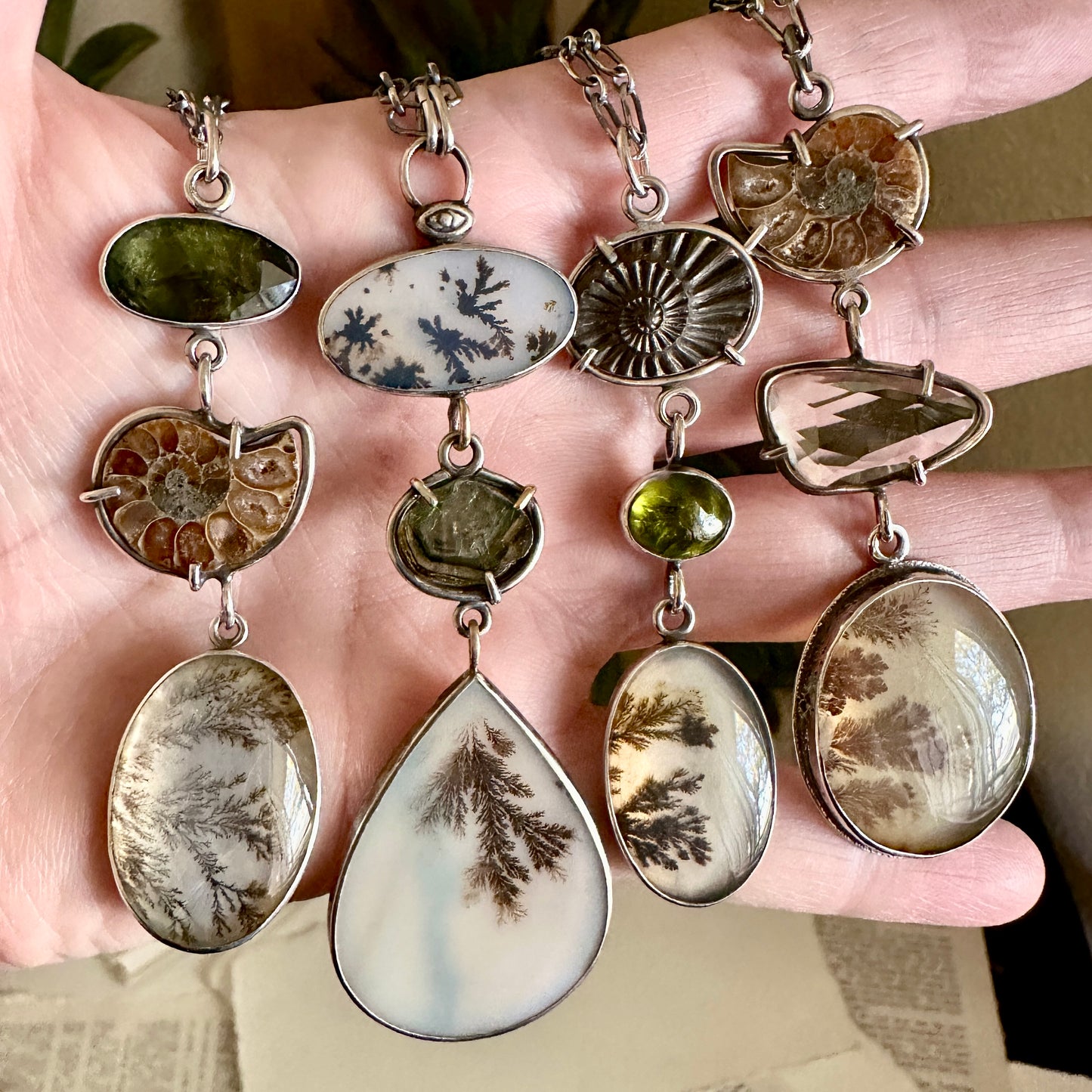 Dendritic Agate, Ammonite & Peridot Necklace - Sterling Silver