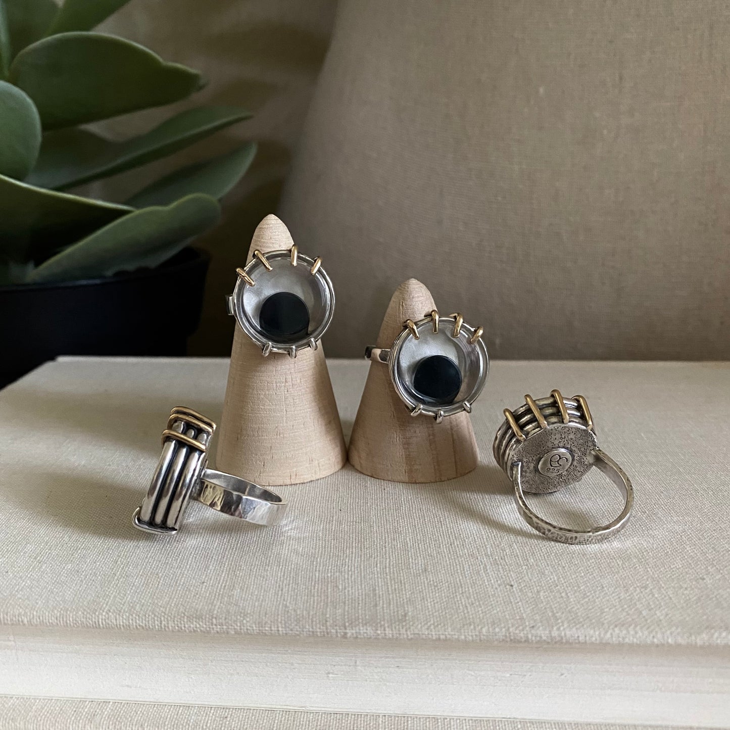 Google Eye Ring - Sterling, Onyx & Brass