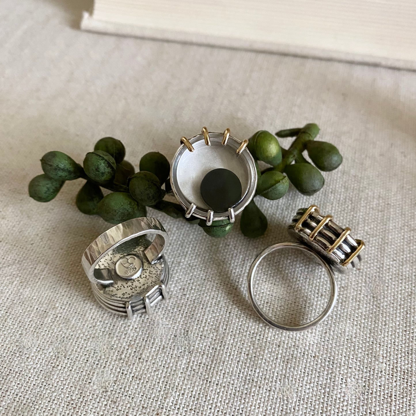 Google Eye Ring - Sterling, Onyx & Brass