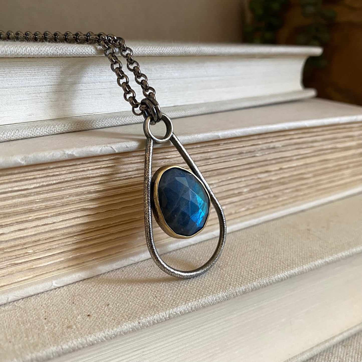 Negative Space Glasses Holder Necklace - Sterling, Brass & Labradorite