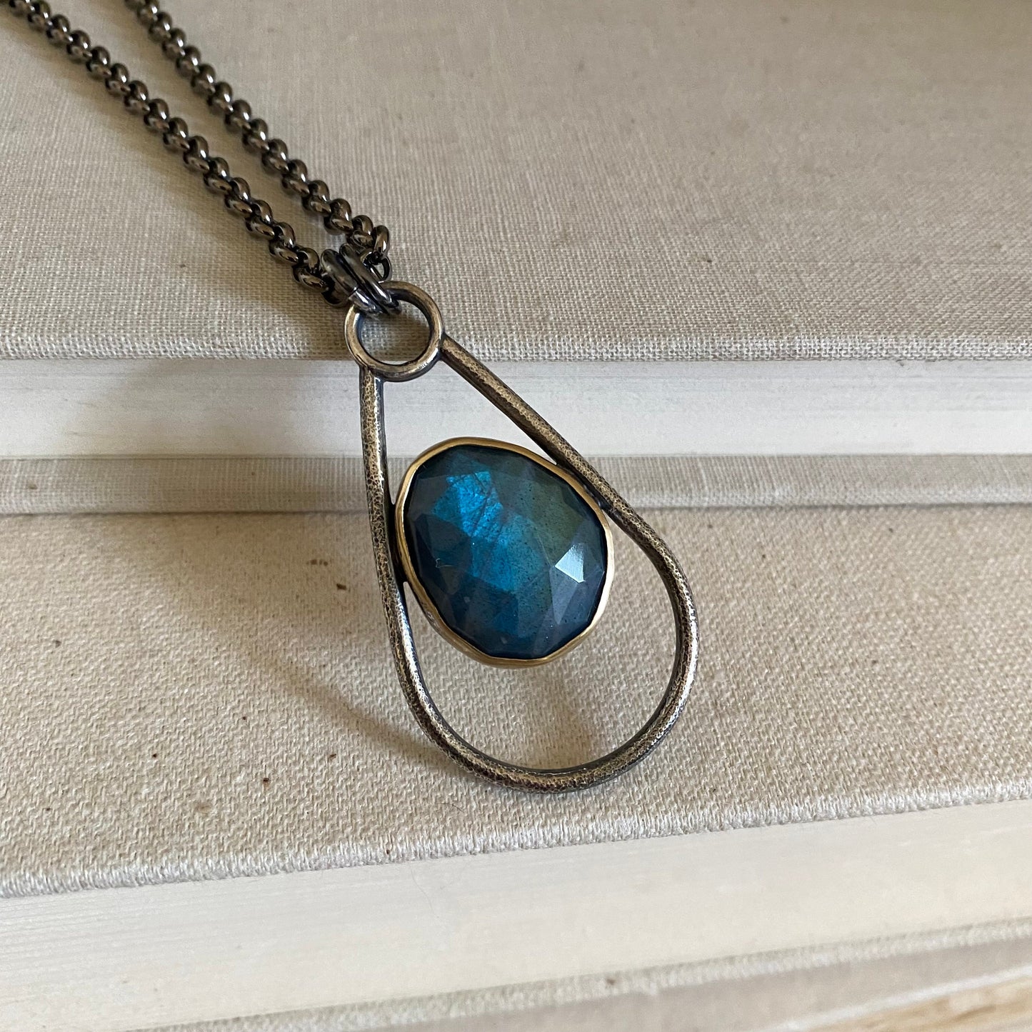 Negative Space Glasses Holder Necklace - Sterling, Brass & Labradorite