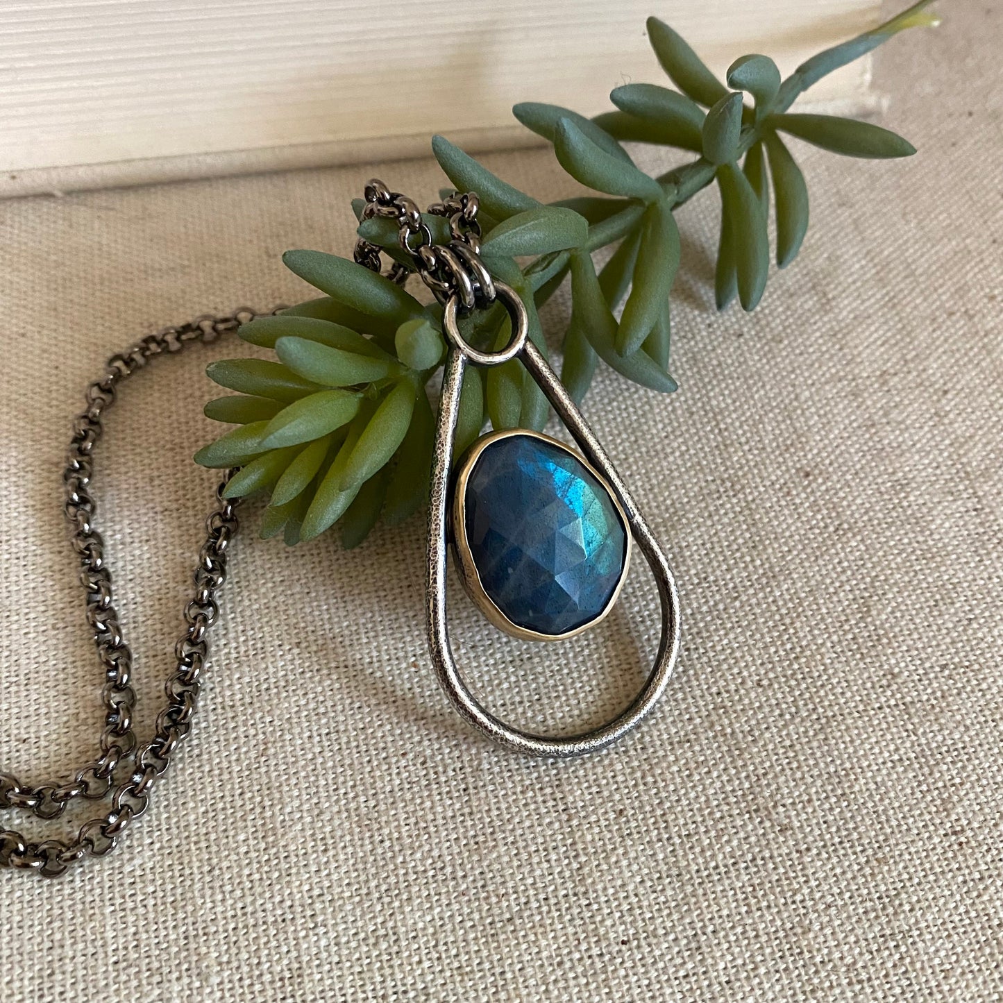 Negative Space Glasses Holder Necklace - Sterling, Brass & Labradorite