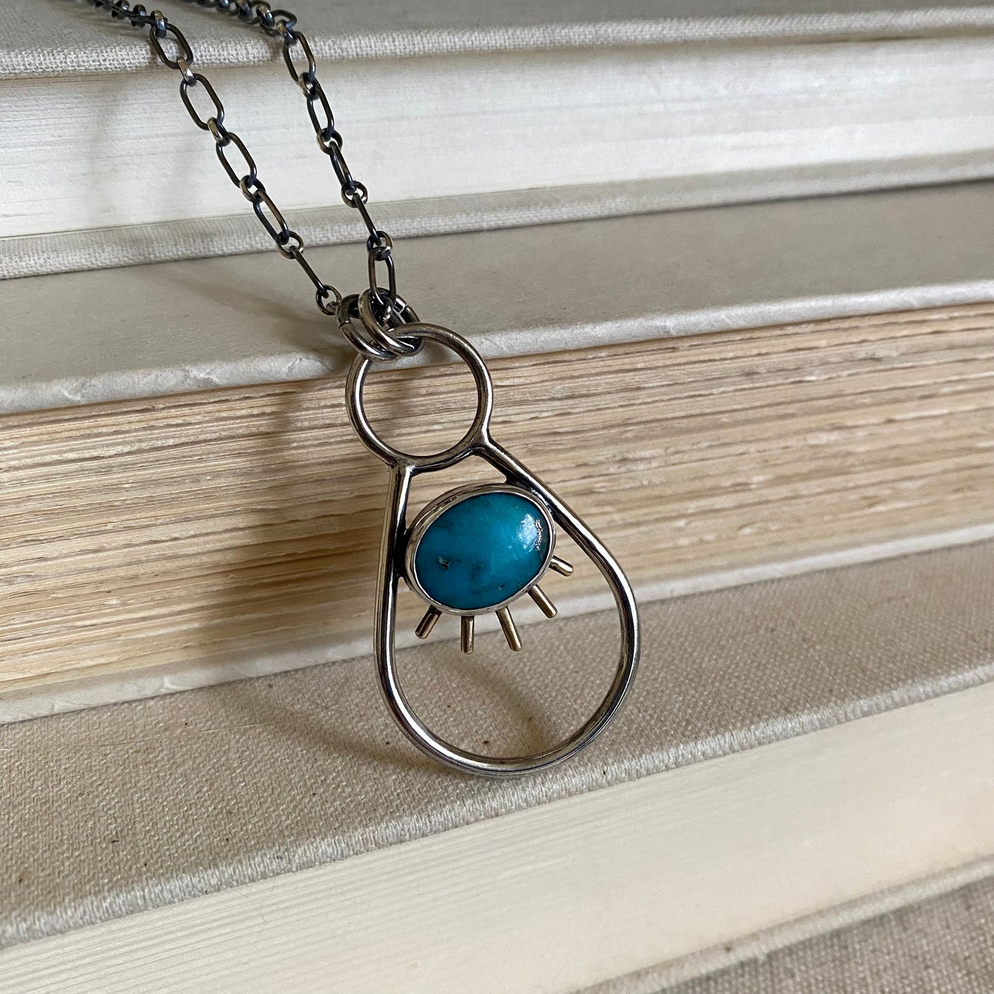 Negative Space Glasses Holder Necklace - Sterling, Brass & Turquoise