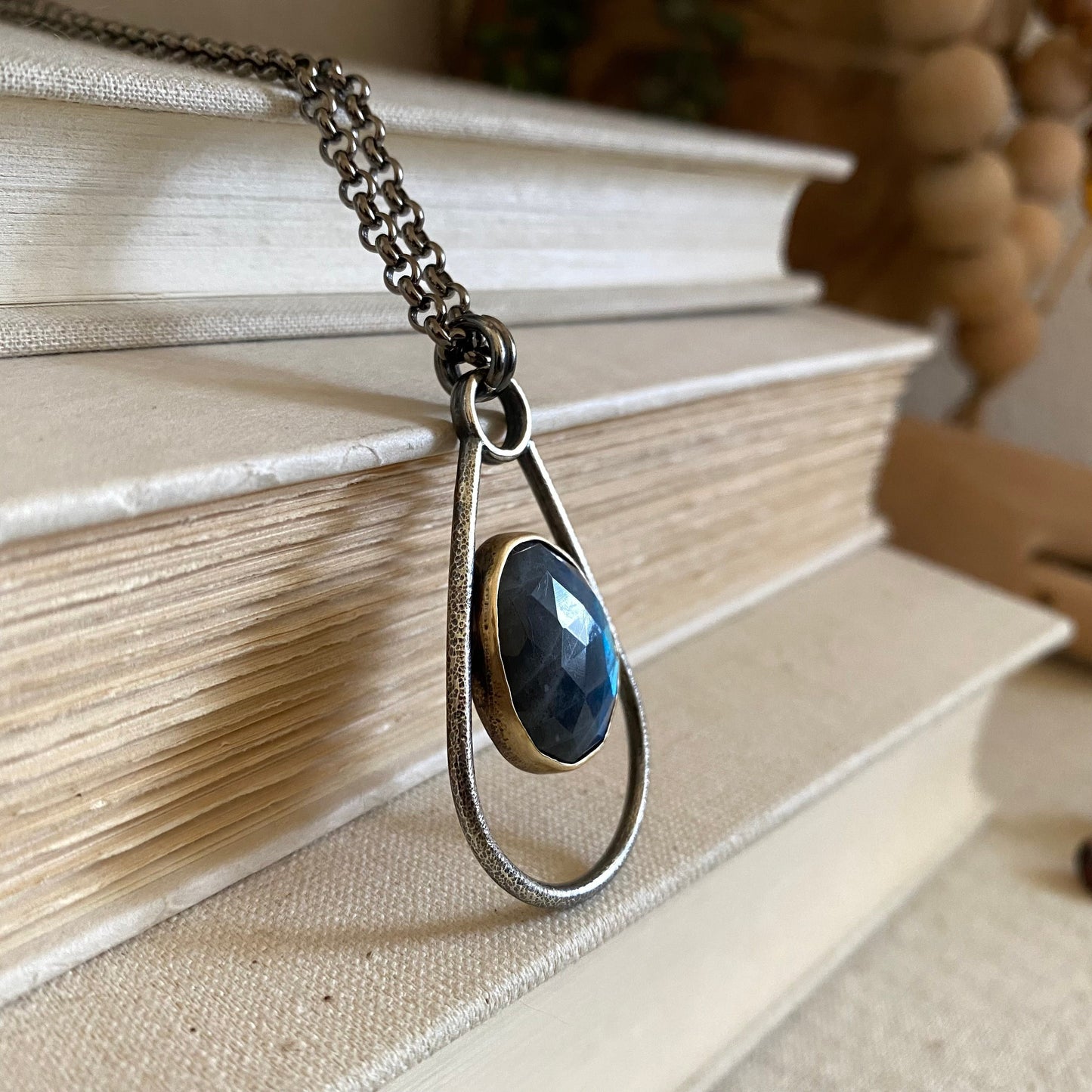 Negative Space Glasses Holder Necklace - Sterling, Brass & Labradorite
