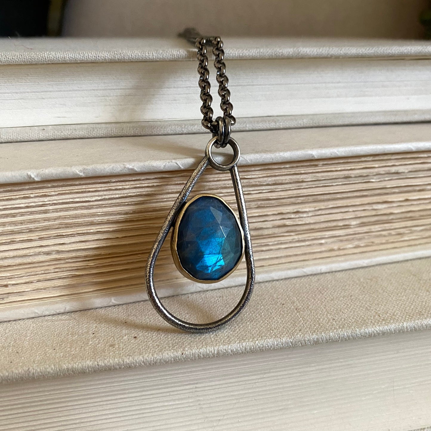 Negative Space Glasses Holder Necklace - Sterling, Brass & Labradorite
