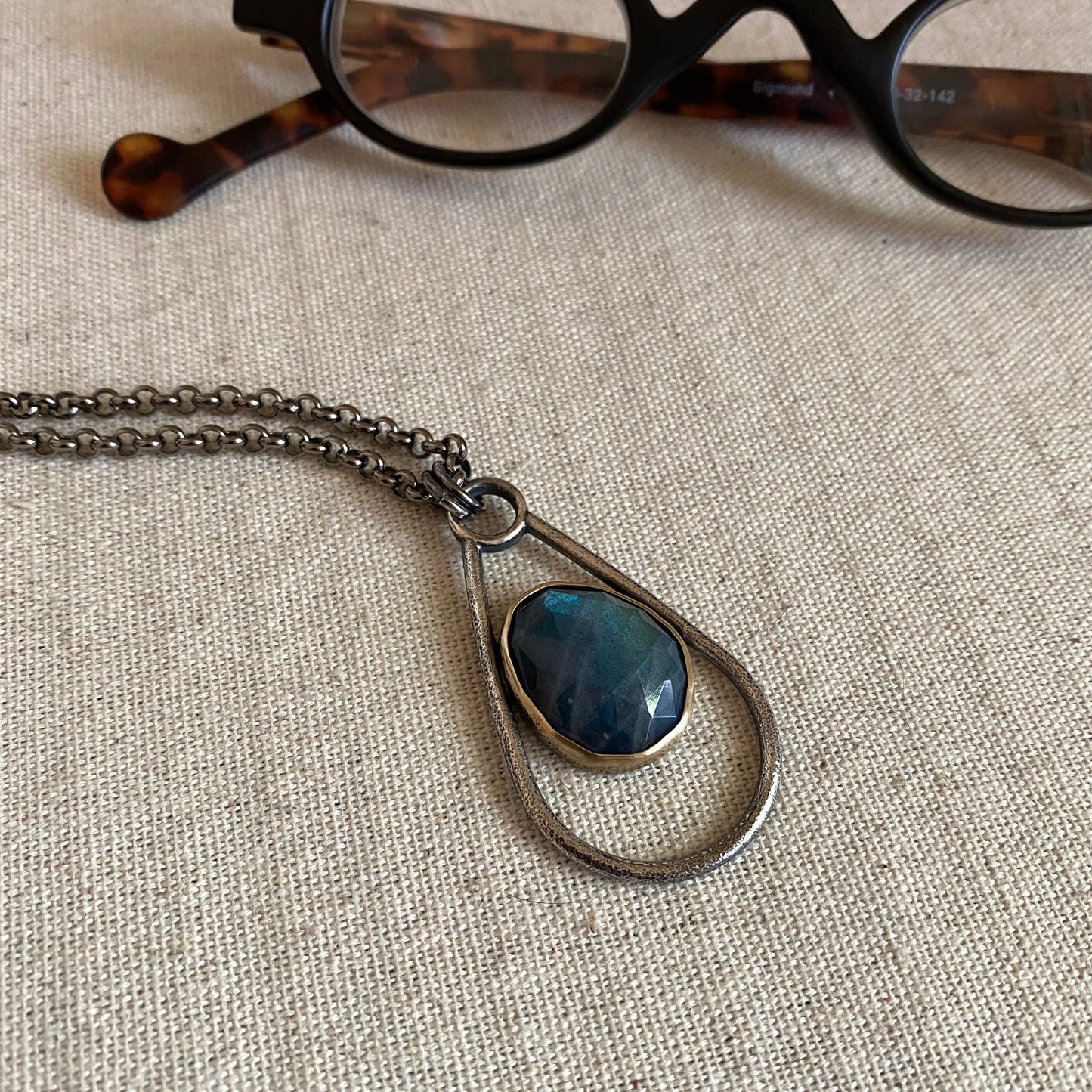 Negative Space Glasses Holder Necklace - Sterling, Brass & Labradorite