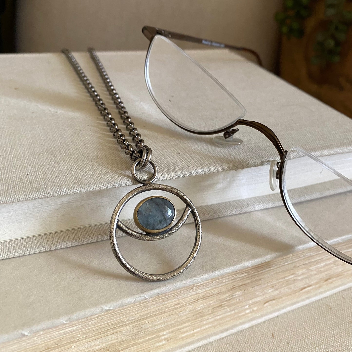 Negative Space Glasses Holder Necklace - Sterling, Brass & Aquamarine