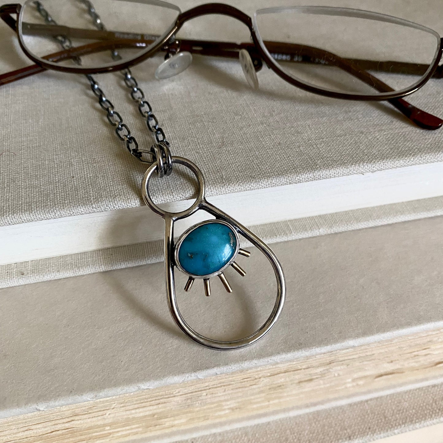 Negative Space Glasses Holder Necklace - Sterling, Brass & Turquoise