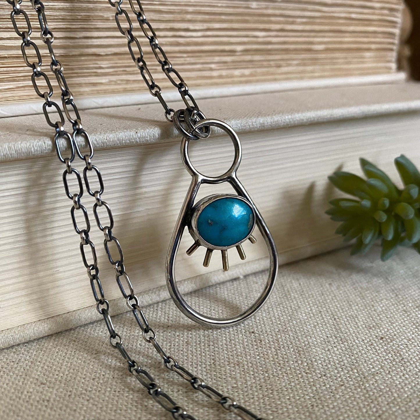 Negative Space Glasses Holder Necklace - Sterling, Brass & Turquoise