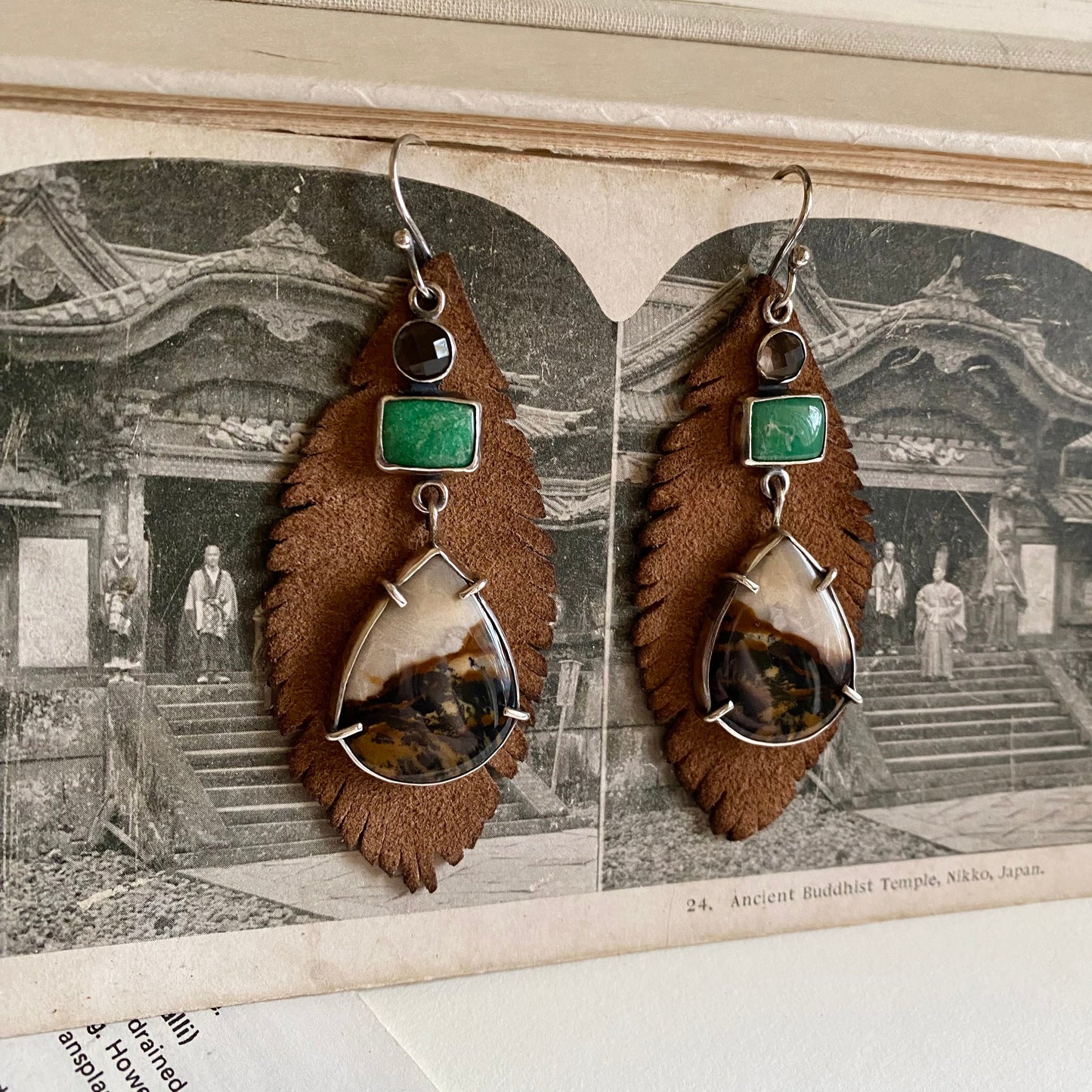 Scenic Jasper, Variscite & Quartz Earrings - Sterling & Removable Leather Feathers